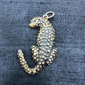 Pendant Black Cat Leopard Vintage 1950's Gold Textured Rare 3" (7.5 cm)
